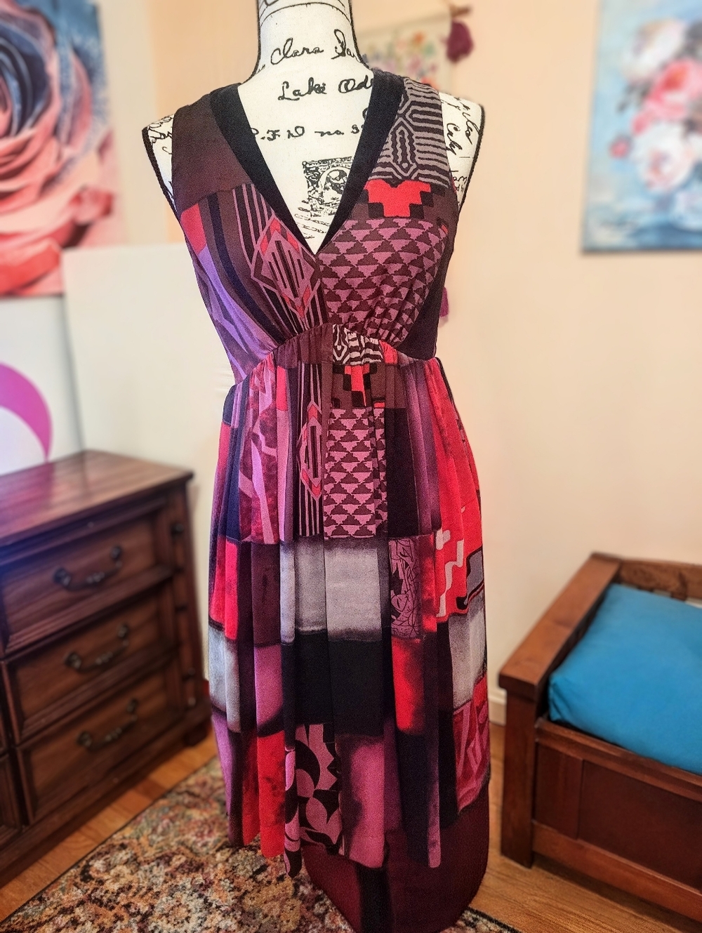 Etro 100% Silk Velvet Detail V-Neck Sleeveless Patchwork Midi Dress, EUC, Large - Picture 2 of 16